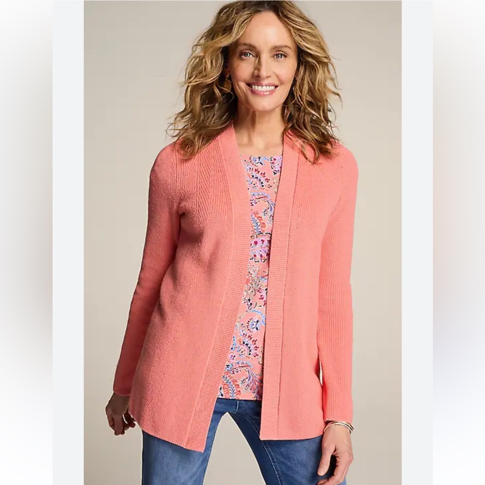 🚨 FINAL SALE 🚨 J Jill Ribbed Open-Front Cardi, M, Cactus Flower (Coral/Peach)